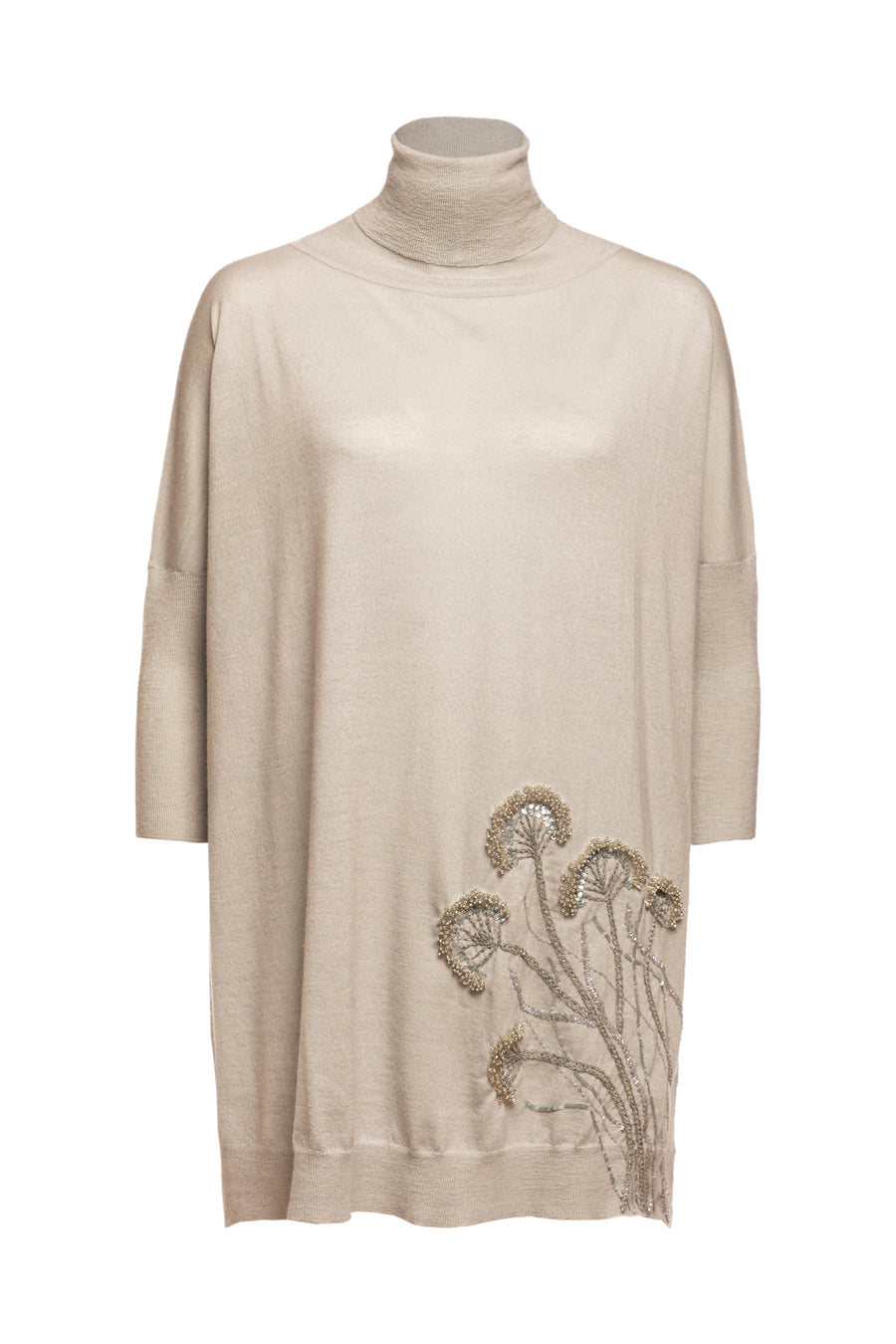 Pyrite With Floral Embroidered Knitted Turtle Neck Top