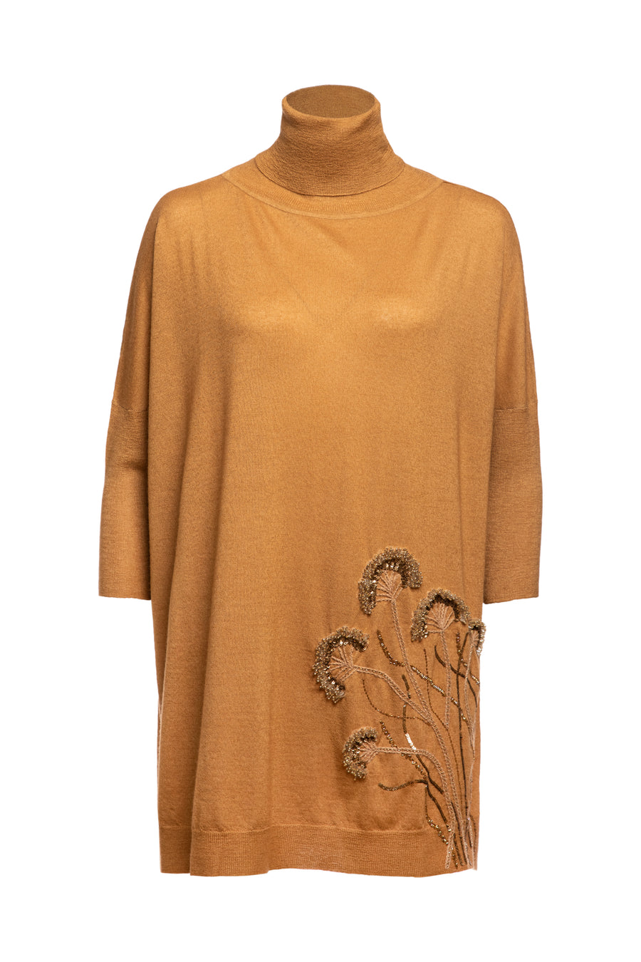 Pyrite With Floral Embroidered Knitted Turtle Neck Top