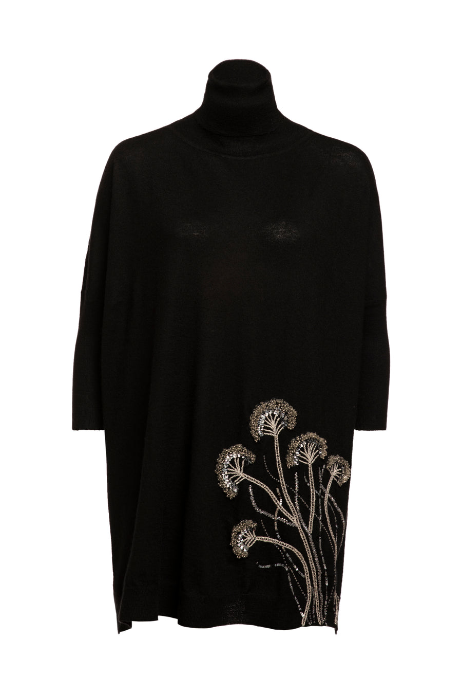 Pyrite With Floral Embroidered Knitted Turtle Neck Top