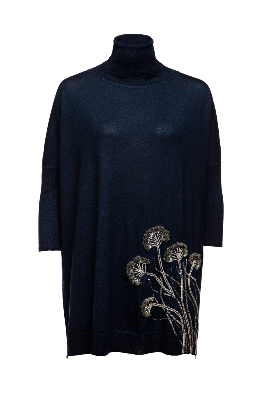 Pyrite With Floral Embroidered Knitted Turtle Neck Top