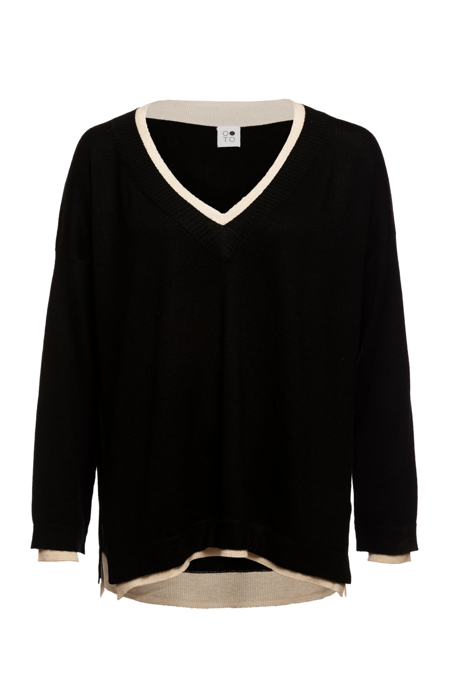 Black Sweater with White Trim  Lapis Loose Fit V Neck Oversized Sweater