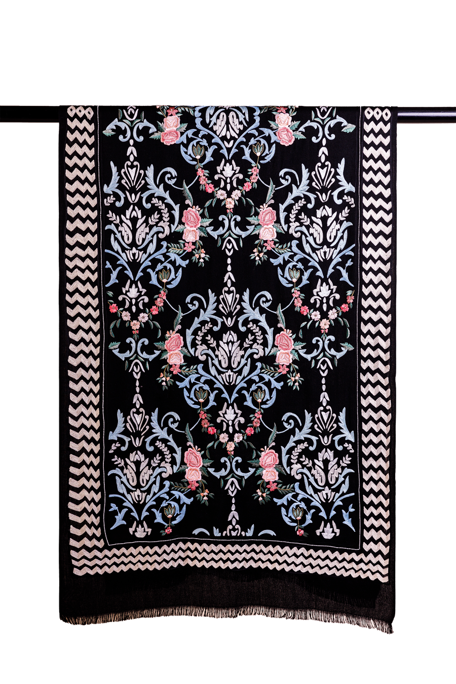 Black Chintz Chevron Embroidered Cashmere Scarf