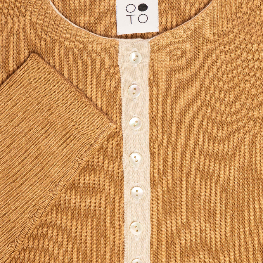 Camel with White Amber Body Fitted Button Cardigan