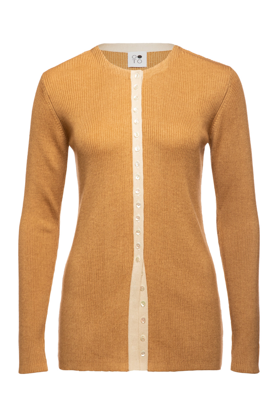 Camel with White Amber Body Fitted Button Cardigan