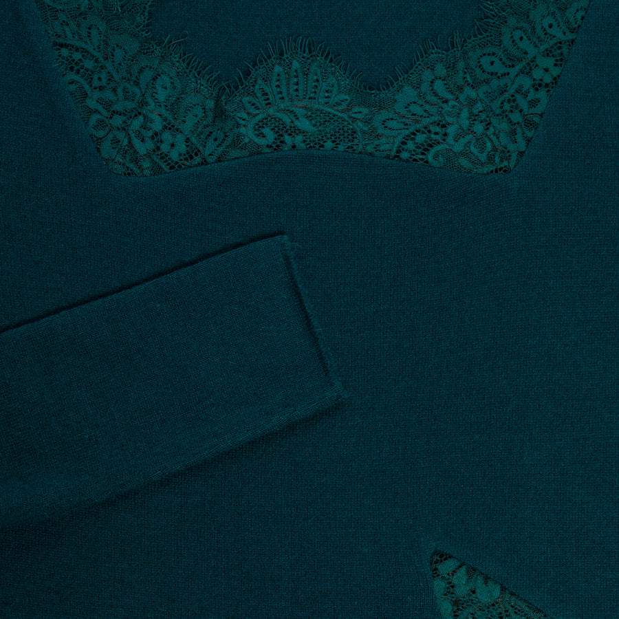 Close-up of Teal Jade Lace Midi Dress