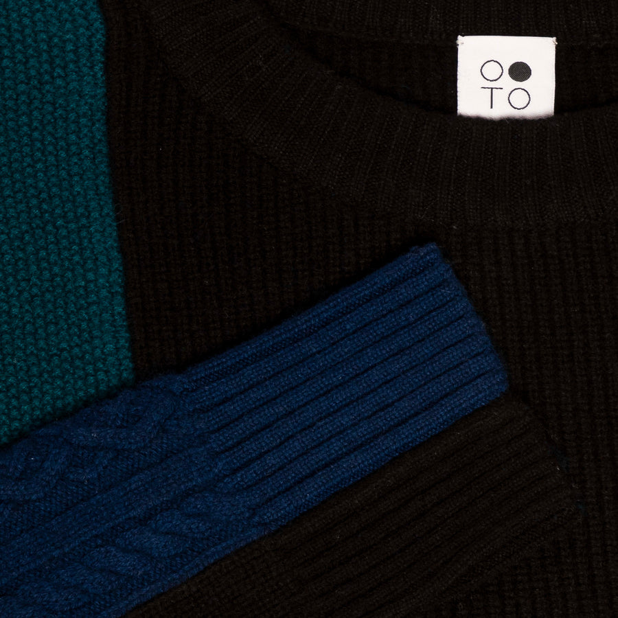 Close up of Black/Teal/Blue Citrine Color Block Oversized Sweater