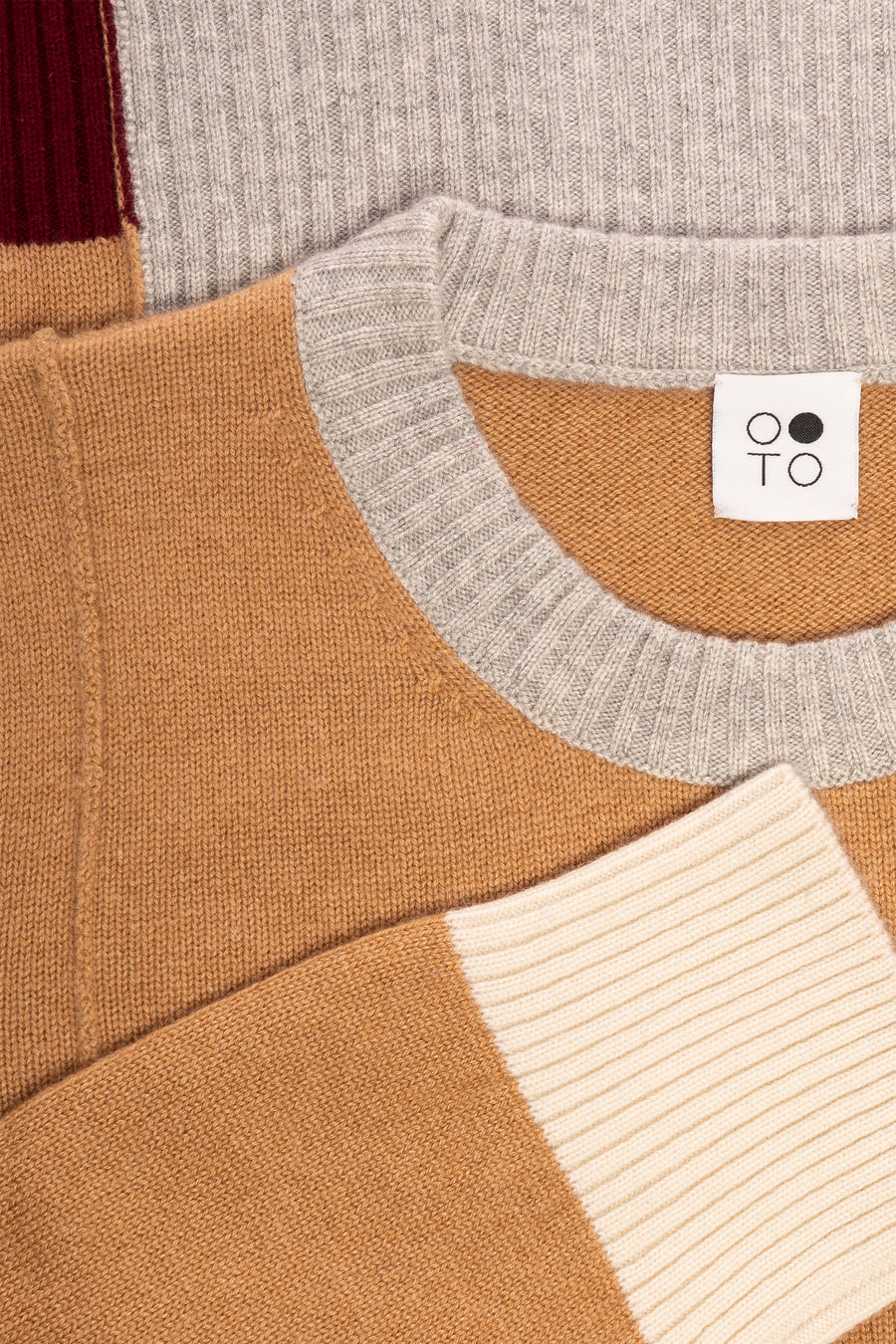 Close up of Camel Onyx Crew Neck Sweater