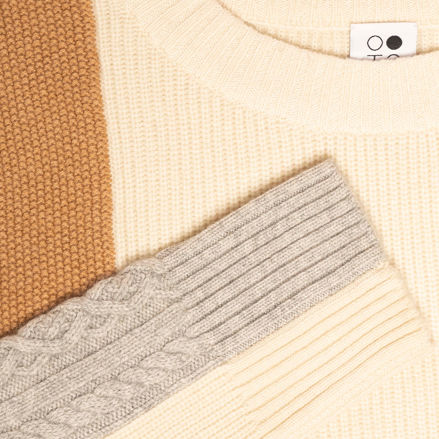 Close up of White/Camel/Grey Citrine Color Block Oversized Sweater