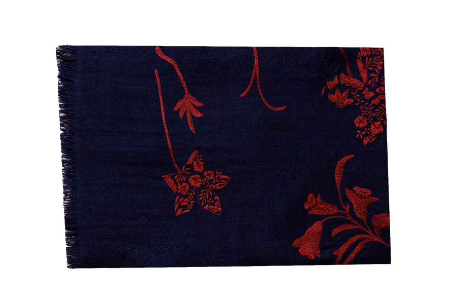 Navy Floral Stem Embroidered Cashmere Scarf