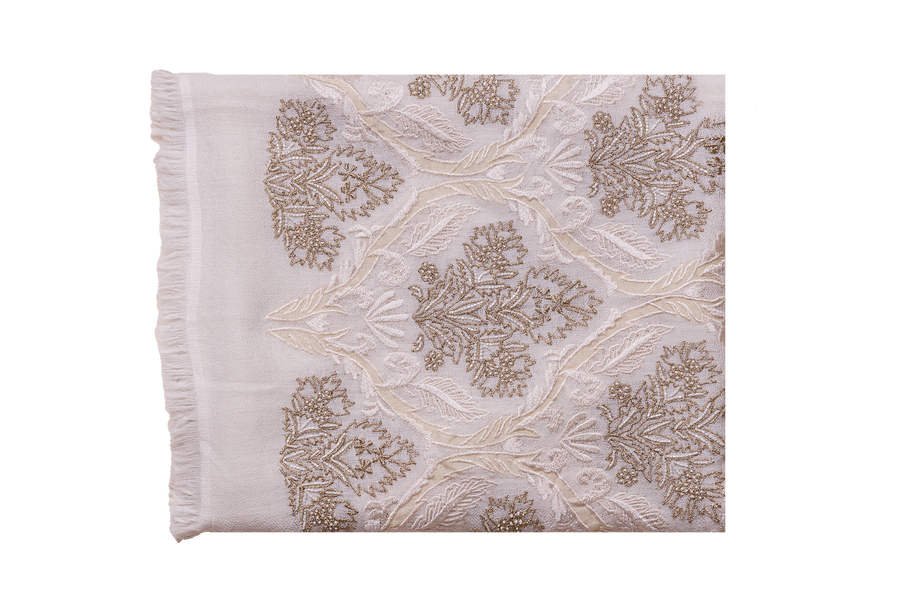 White Superfine Embroidered Cashmere Scarf