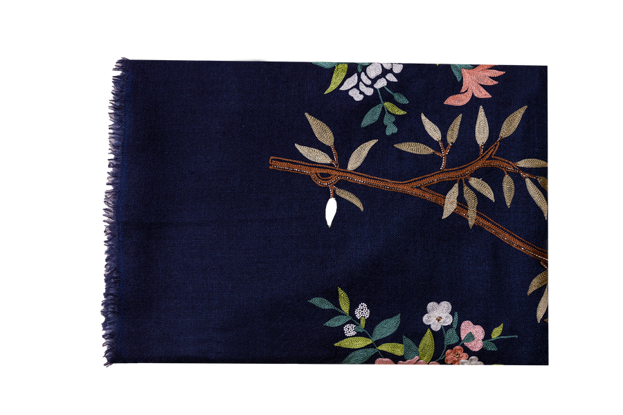 Navy Ombre Japanese Bloom Embroidered Cashmere Scarf