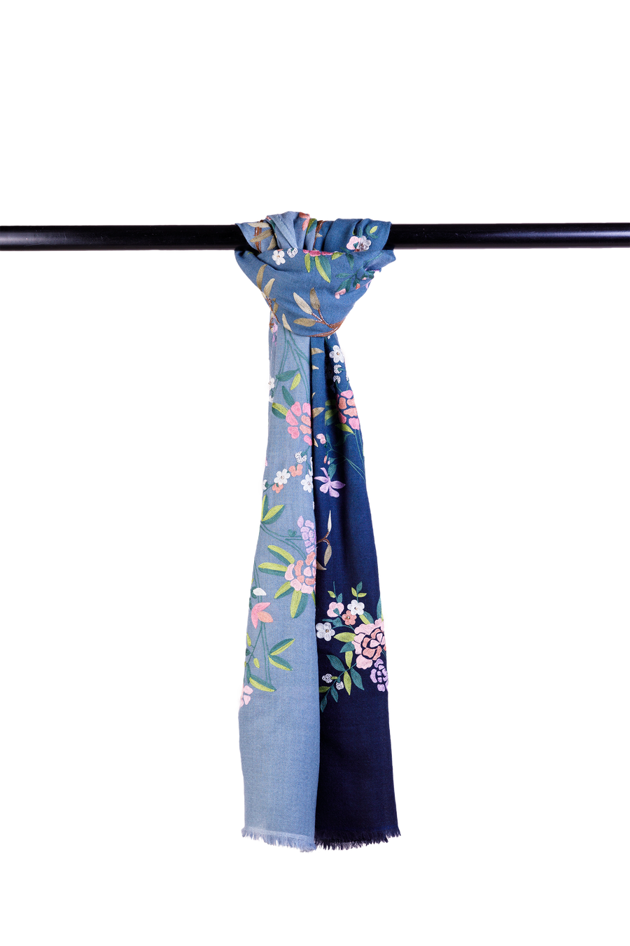 Navy Ombre Japanese Bloom Embroidered Cashmere Scarf