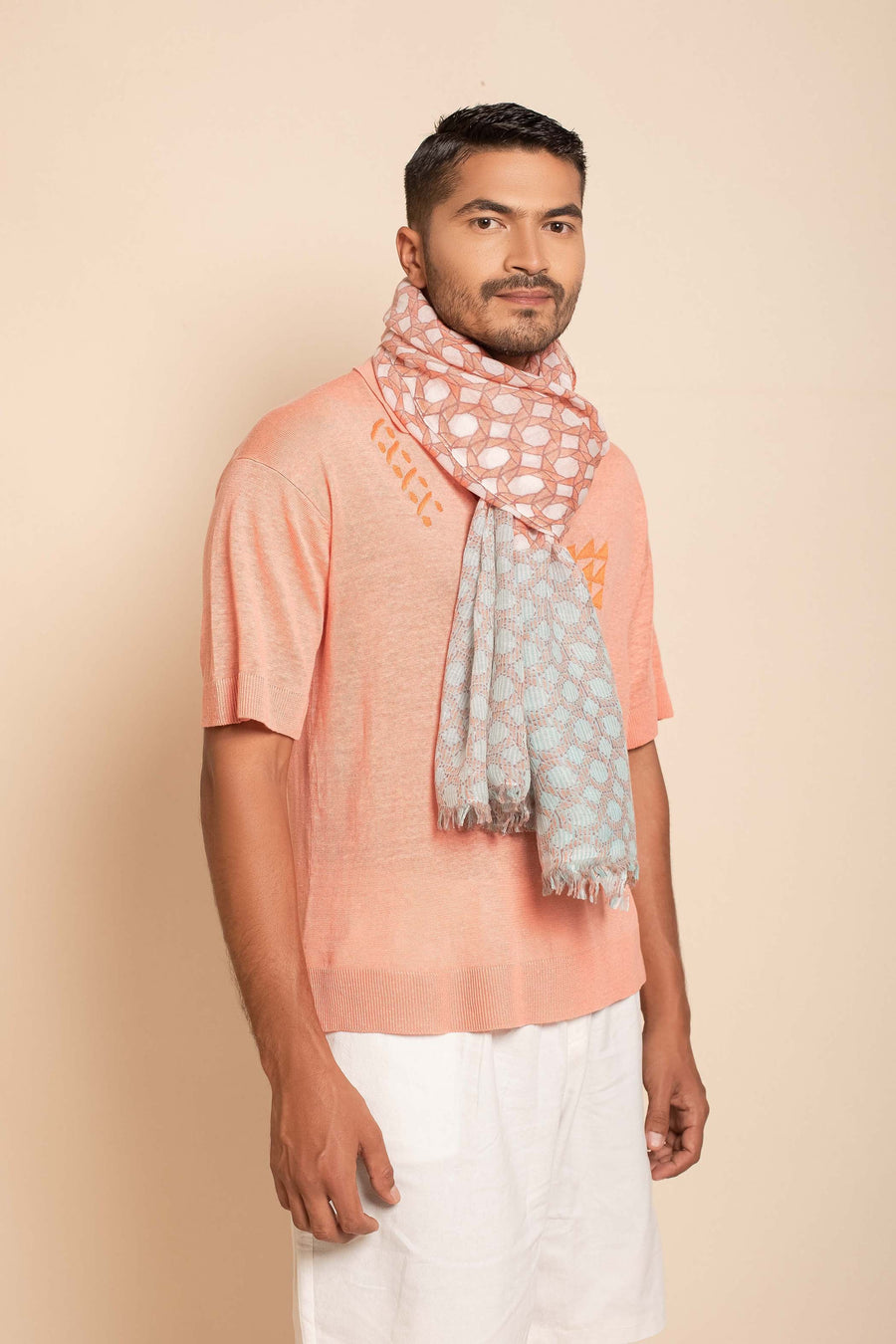 Natural Printed Nepali Geo Unisex Linen Scarf