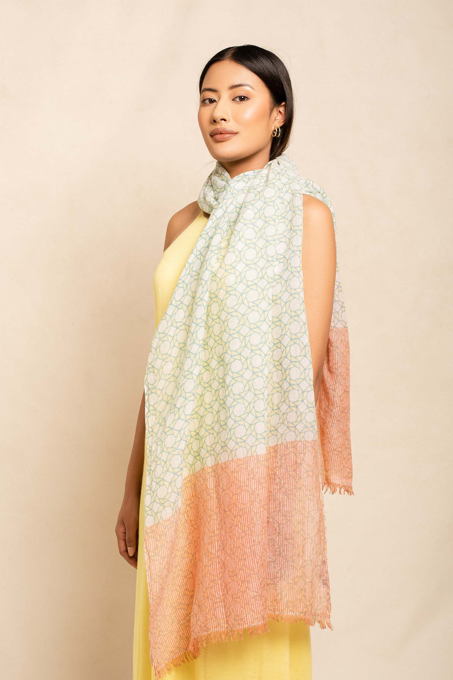 Natural Printed Nepali Geo Unisex Linen Scarf