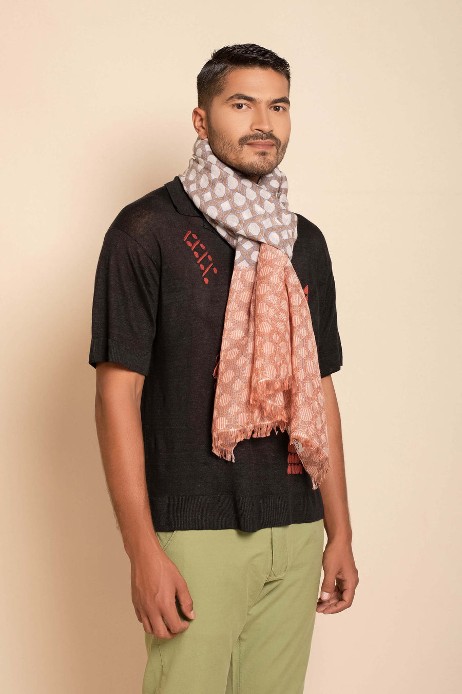 Natural Printed Nepali Geo Unisex Linen Scarf