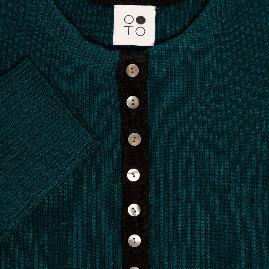Teal with Black Amber Body Fitted Button Cardigan