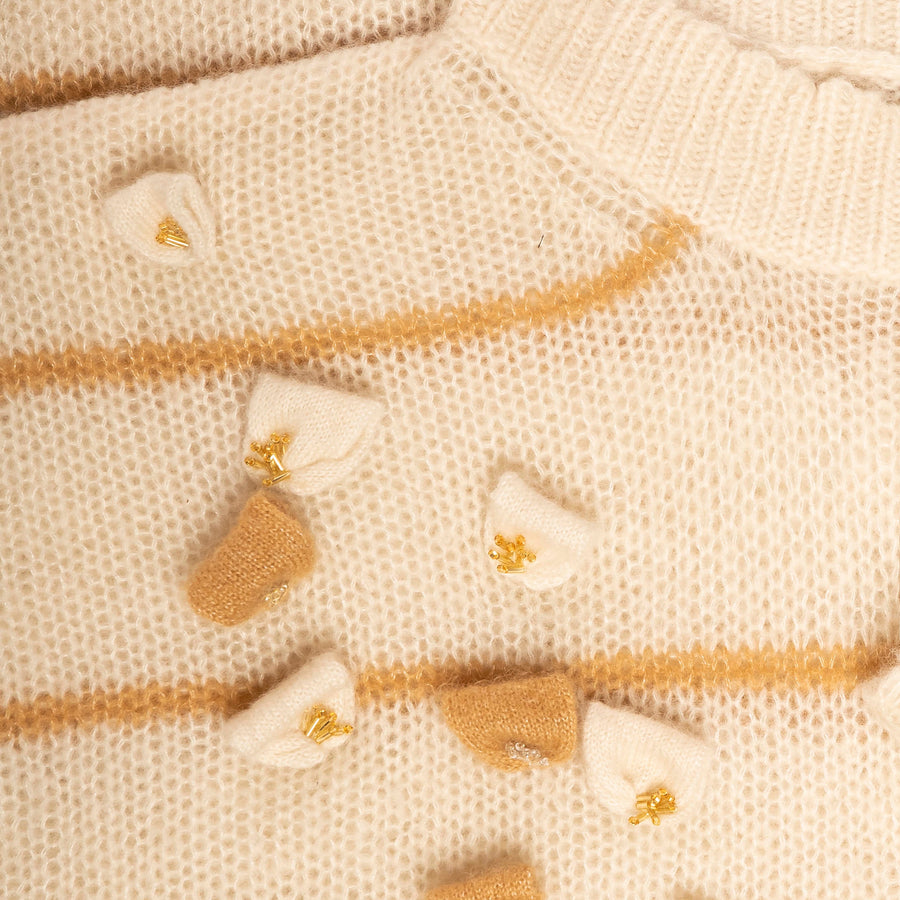 White/Camel Opal Loose fit Embroidered Sweater