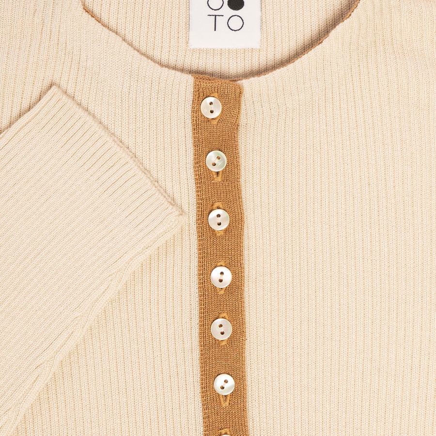 White with Camel Amber Body Fitted Button Cardigan