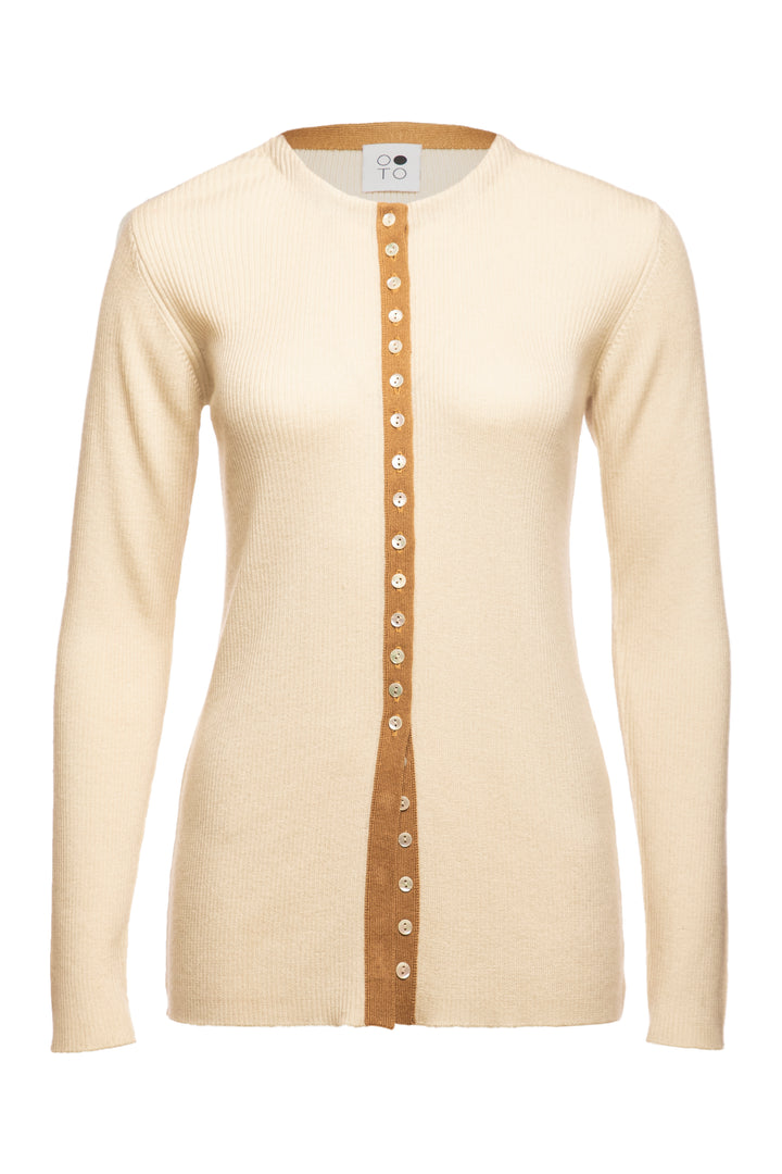 White with Camel Amber Body Fitted Button Cardigan