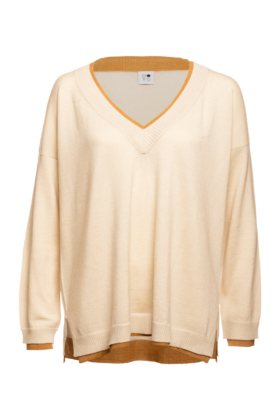 White with Camel Lapis Loose Fit V Neck Oversized Sweater