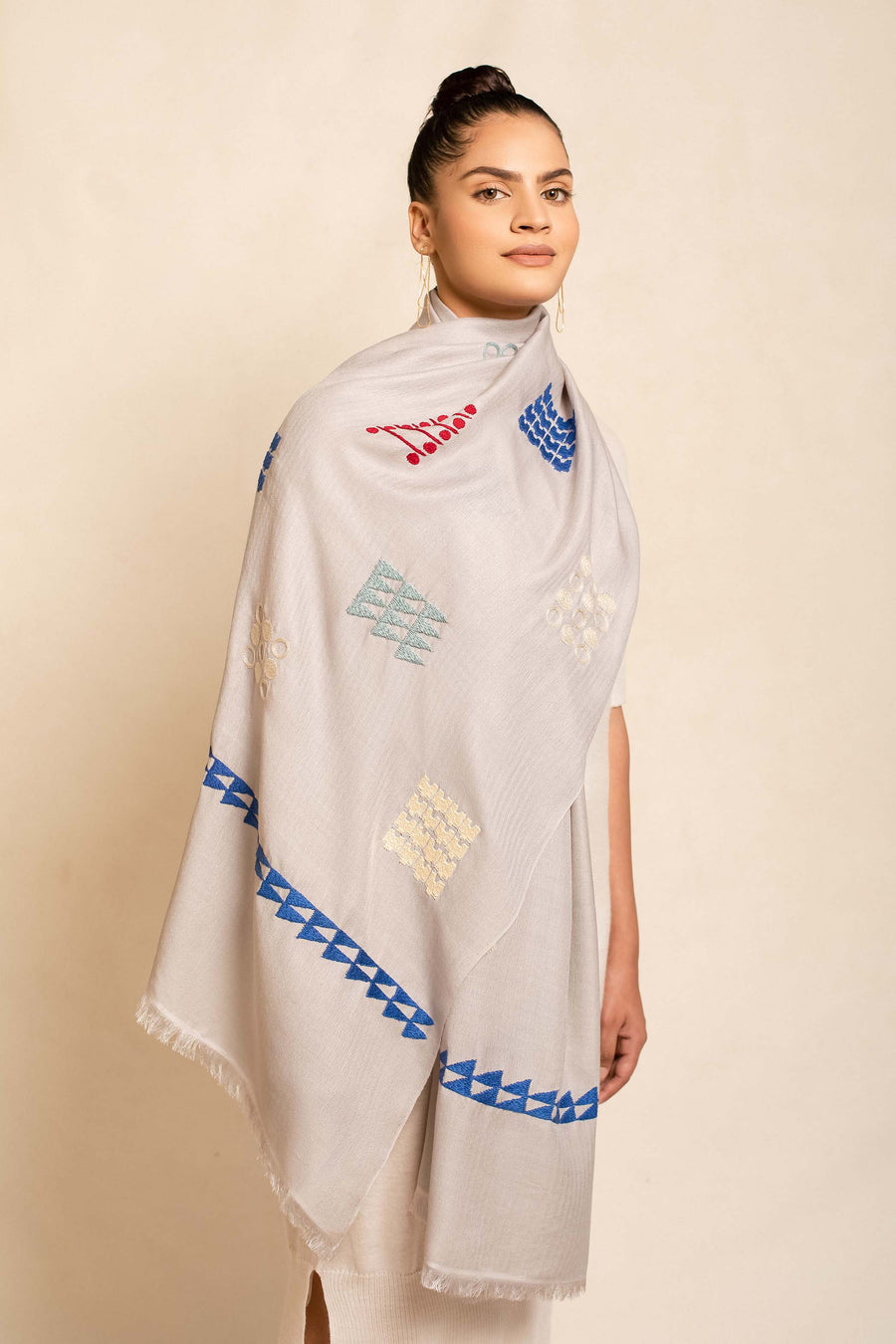 Block Embroidered Geo Linen Cashmere Scarf For Women