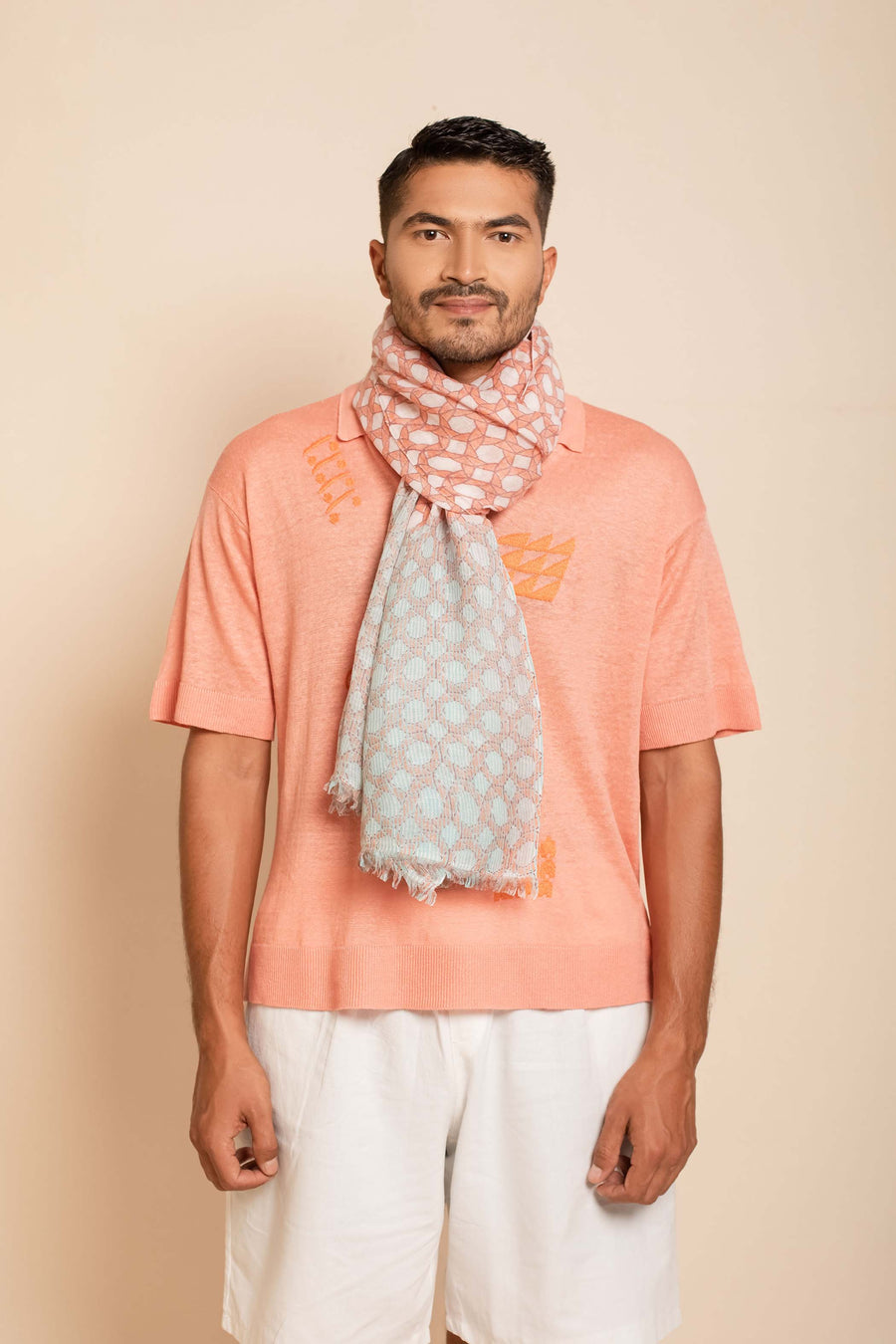 Natural Printed Nepali Geo Unisex Linen Scarf